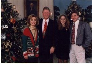 Lonnie Grigsby (L), Jerry Kemp's partner in this year's Sunny King, stands with President Bill Clinton and family for a White House Christmas picture. Grigsby is a second cousin of the former president. (Photo courtesy Jerry Kemp)