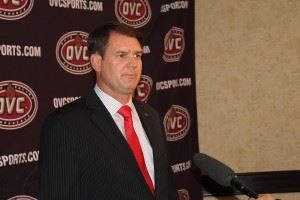 John Grass addresses the OVC media for the first time as Jacksonville State's head coach Monday. In the main photo, Chris Landrum (R) and Grass talk about the season ahead. (Photos courtesy Ohio Valley Conference)