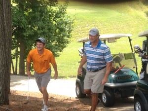 Ryan Huff (top left) and Chase Thomas approach the 13th green at Cider Ridge on Sunday. On the bottom, John Acker follows his shot after hitting from trouble on No. 7. 