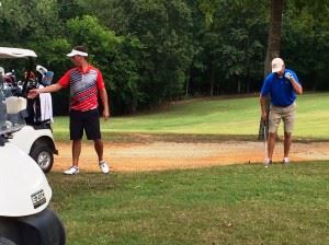 Tournament champions Jeremy McGatha (L) and Matt Rogers prepare for their second shot on No. 12 Sunday.