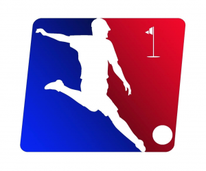 Here is the American FootGolf League logo. In the cover photo, a player hits his "drive" in a FootGolf event (notice the golf tee next to his plant foot).