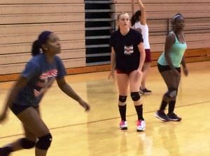 Tiffany Springer (center) is poised to make a play on a ball during practice last week.