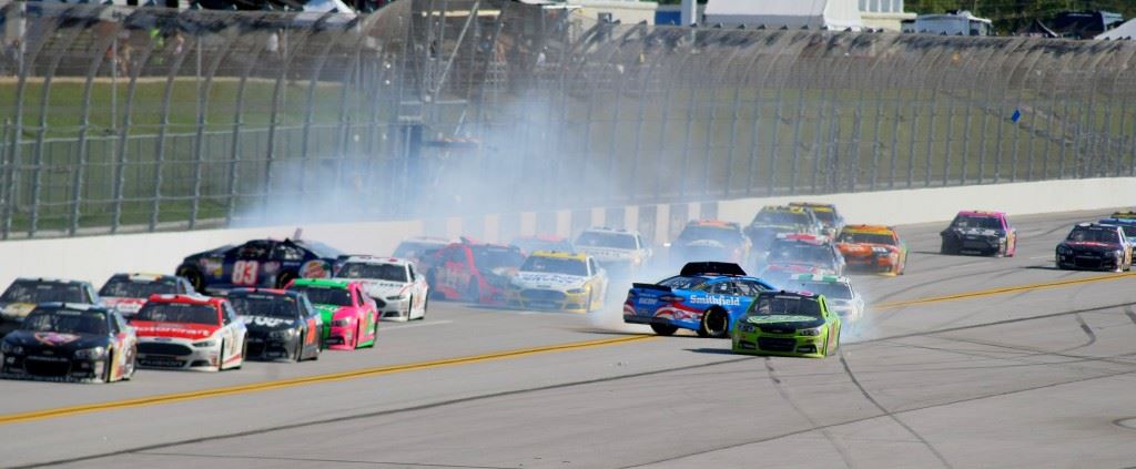 JJ Yeley gets into the wall in the early stage of a wreck that eventually collected Kyle Busch and knocked him out of The Chase.