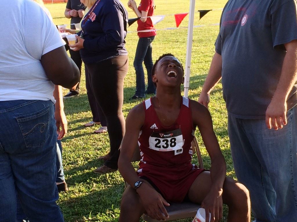 Anniston's Zebadee Lunsford tries to catch his breath after winning the boys race in the Calhoun County Cross Country Championship Tuesday.