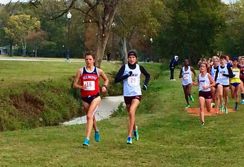 Belmont's Hannah Wittman (L) and Eastern Kentucky's Ann Eason set the pace in the OVC women's race at Oxford Lake Park.