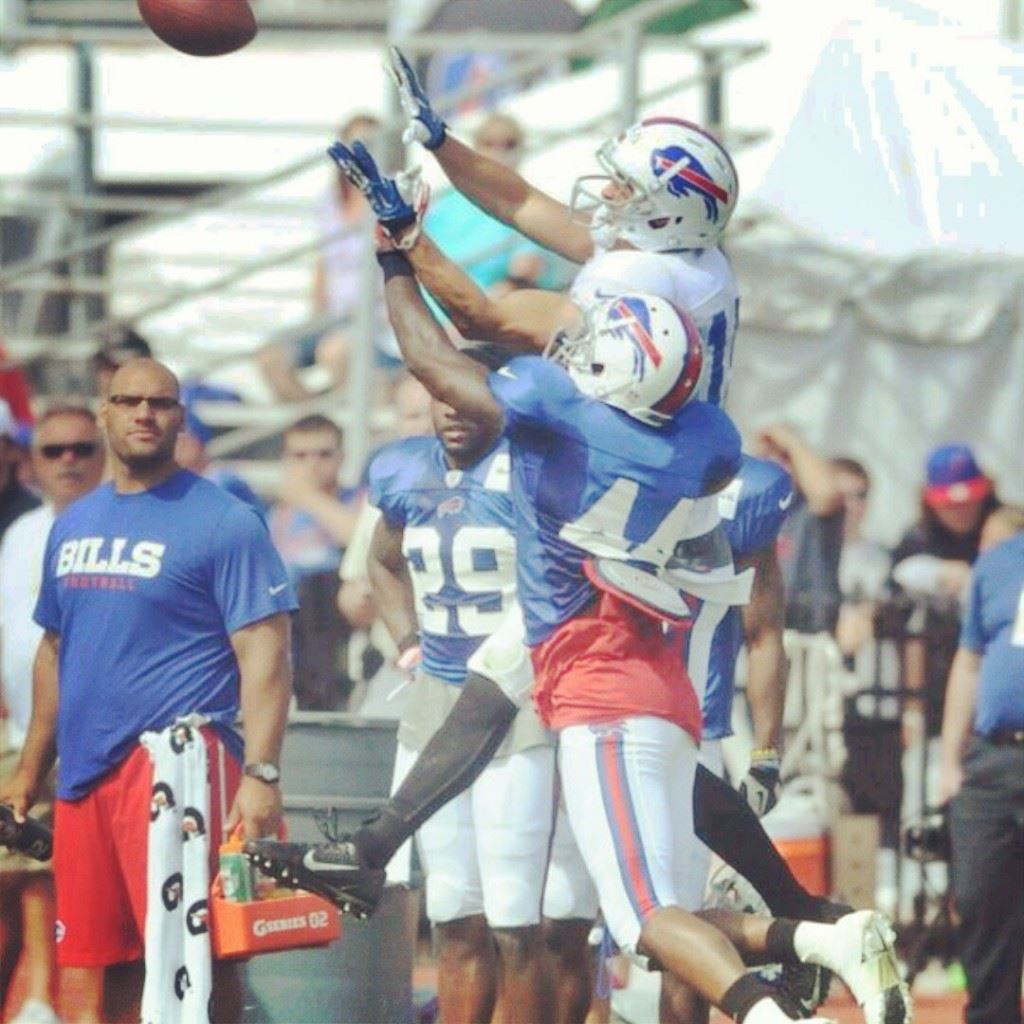 T.J. Heath (44) defends a pass during his days in the Buffalo Bills' camp. This summer (cover) he wore 41 with the Cleveland Browns. (Photos courtesy T.J. Heath)