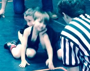 Two wee wrestlers in action during youth wrestling in conjunction with Alexandria's tri-match Thursday.