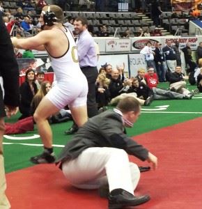 Here's the sequence of Hunter Lee surprising Oxford coach Matt Tanner with a takedown after winning his 182-pound state championship bout Saturday. (Photos by Al Muskewitz, Selina Lee)