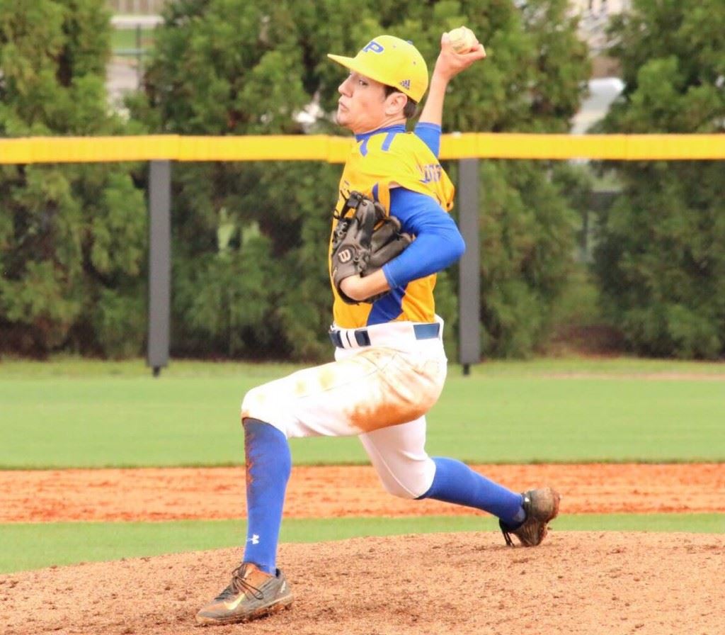 Piedmont's Peyton Whitten deals against Glencoe Saturday; he struck out 19 in a 10-inning complete-game victory. Below, Taylor Hayes threw a one-hitter in the nightcap. On the cover, the Bulldogs celebrate Easton Kirk's (9) walk-off single in the 10th. (Photos by Harley Lamey)