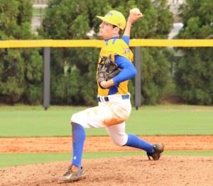 Piedmont's Peyton Whitten deals against Glencoe in the state playoffs; he struck out 19 in a 10-inning complete-game victory.  (Photo by Harley Lamey)