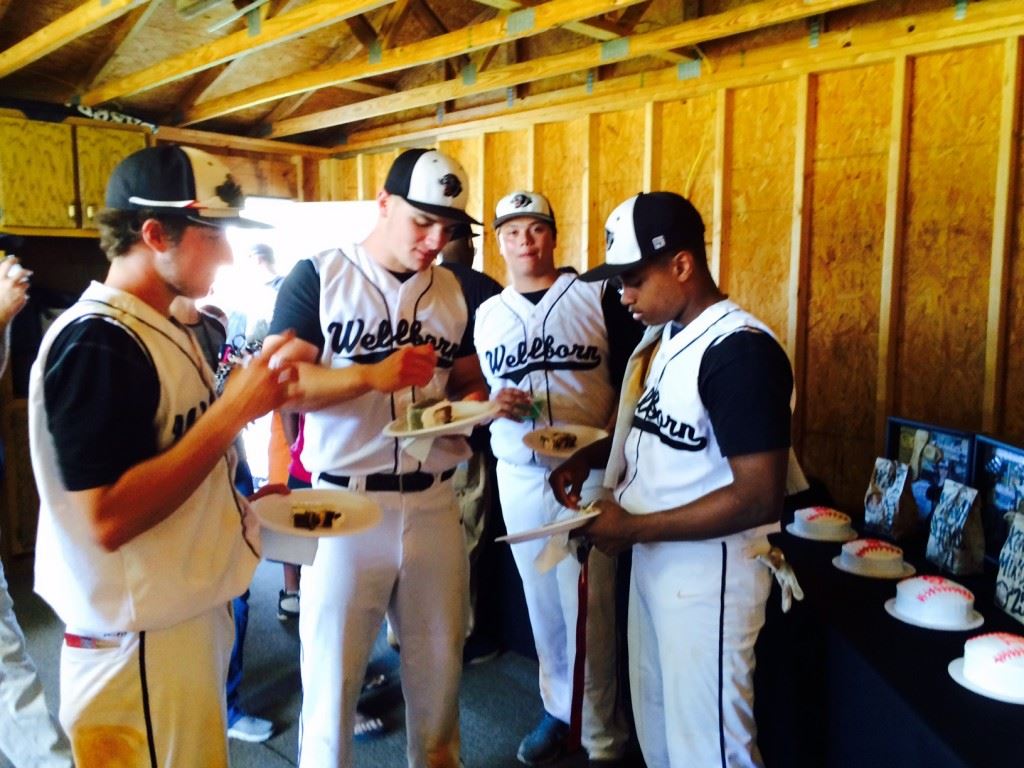 Wellborn's Mason Screws, Landon Machristie, T.J. Salers and Kevin Mixon all enjoy the trappings of a Senior Day celebration Friday. Below, Jeremiah Farmer steps up for a piece of cake that honors the Panthers' senior baseball players.