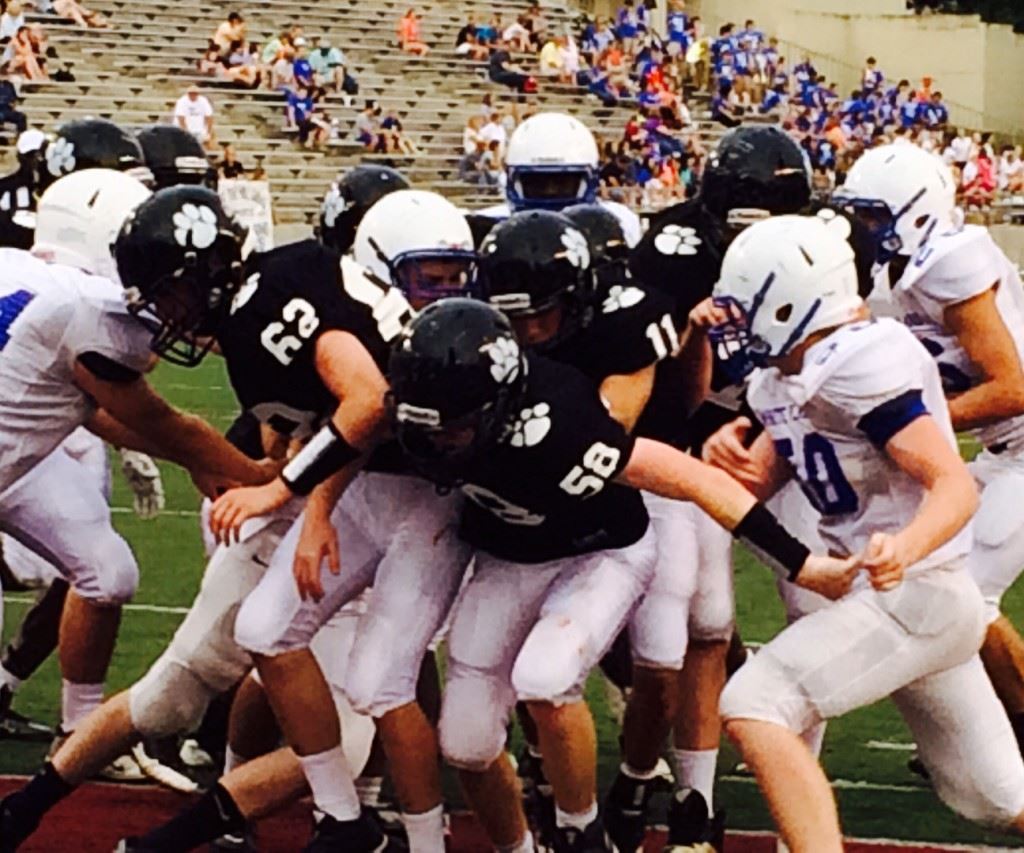 Somewhere in that sea of humanity, Wellborn quarterback Austin McQueen (11) is scoring his second touchdown of the game. On the cover, D.J. Rhoden (25) is stacked up by White Plains' Jordan Giddens (50). Below, Jordan Montgomery is pulled down by Lawrence Jackson (1) and Nathan Harding (26).