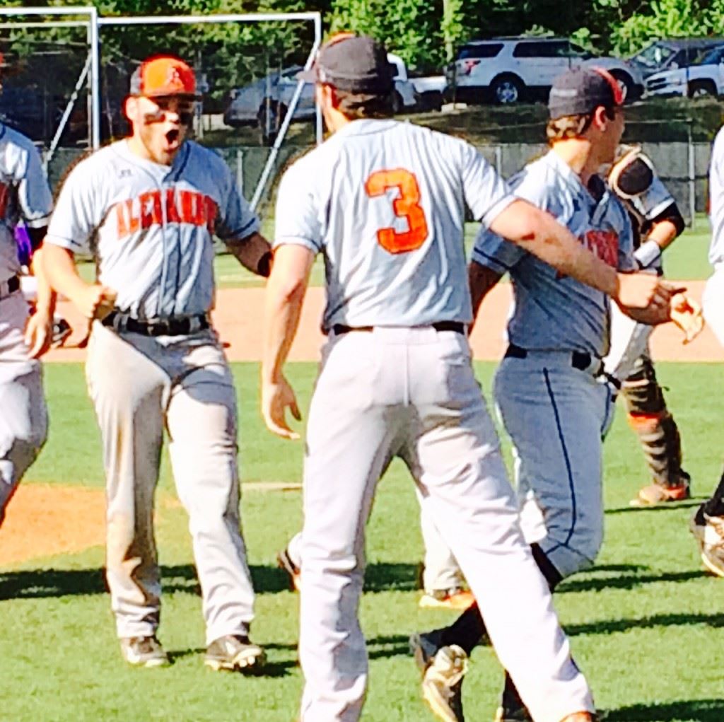 Alexandria's Austin Wells (L) rushes towards Cody Dodd after the Cubs recorded the final out in their series clinching 9-6 victory over Pleasant Grove Saturday.