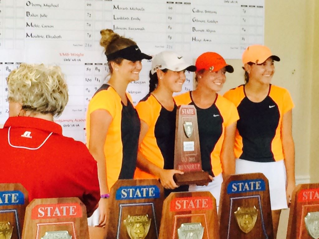 The Alexandria girls golf team stands with its state runner-up trophy.