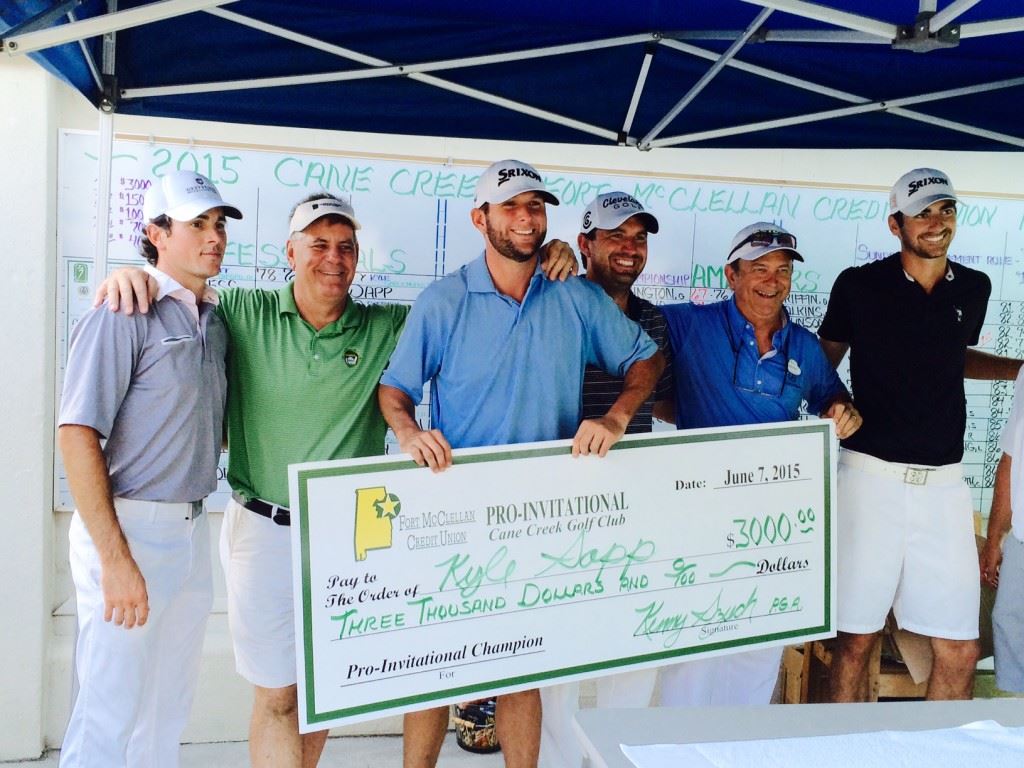 Kyle Sapp (C) stands with the winners' check Sunday surrounded by (from left) runner-up Zach Portemont, Emerald Coast Tour director Geno Celano, Jaylon Ellison, Cane Creek director of golf Kenny Szuch and third-place finisher Mason Seaborn.