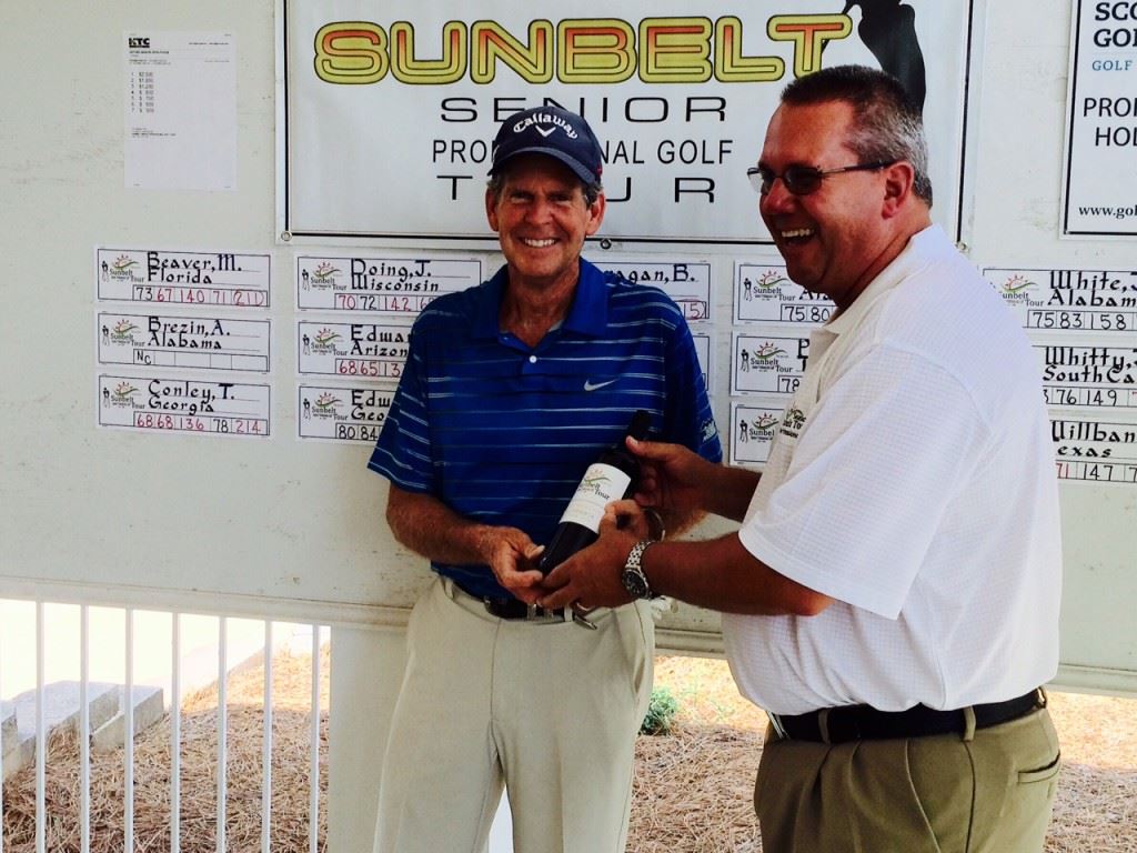 Tournament winner Danny Edwards and Cider Ridge director of golf Doug Wert share a laugh during the awards ceremony at the Oxford Senior Open.