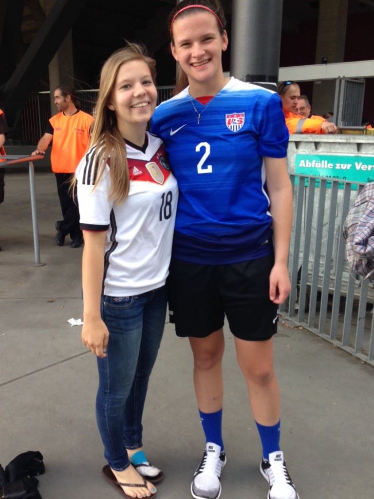 Oxford keeper Miranda Schoening (R) and Michelle Schmitt prepare to watch the U.S. and German men's national teams play in Rhein-Energie Stadion. Schmitt was an exchange student who played forward/center midfield during her time at Oxford. (Photos courtesy Schoening family).