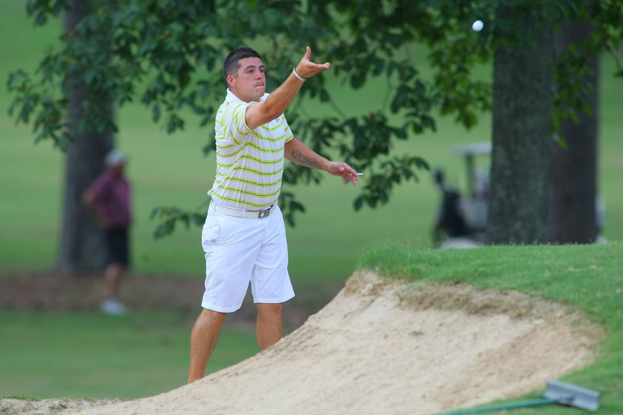 Dalton Chandler uses his sandie to set up a birdie on No. 8 at Anniston CC Sunday. The birdie was the last in a run of six in a row on the front that propelled him and dad Ott to their eventual victory. (Photo by Greg McWilliams)
