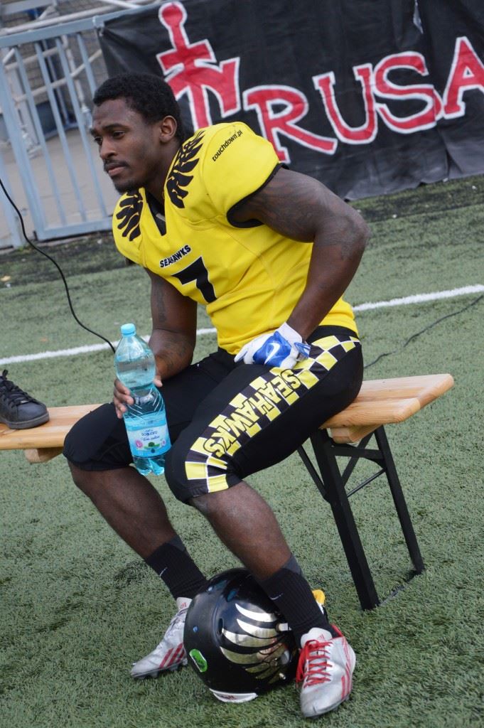 Gabe Chambers takes a break during one of his games with the Polish League's Sopot Seahawks. 