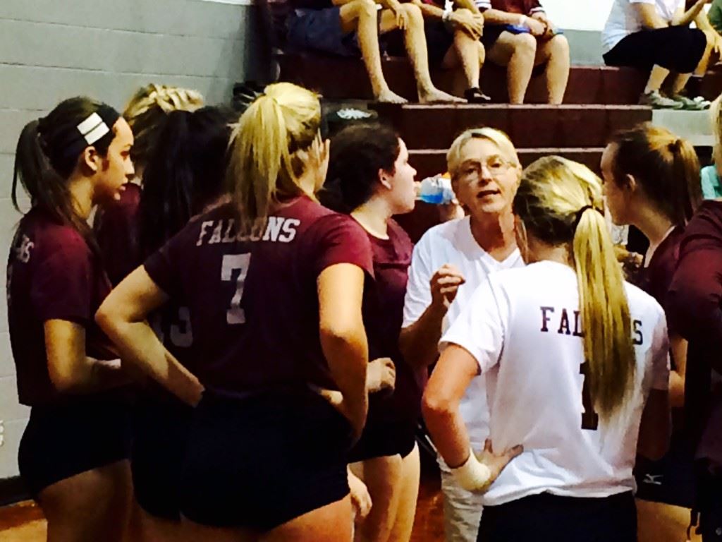 Donoho volleyball coach Janice Slay makes a point to her players during a time out in Saturday's Donoho Classic title match with Meek. Below, Pleasant Valley huddles after winning the tournament's Silver Bracket.