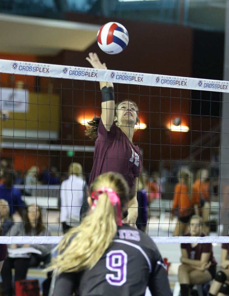 Peyton Suco goes high above the net to score a kill in Donoho's Elite Eight victory over Fruitdale. (Photo by Kristen Stringer/Krisp Pics Photography)