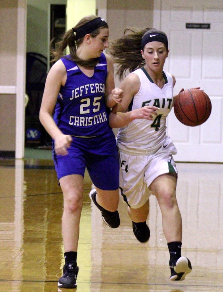 Faith Christian's Madison Stephens (4) brings the ball up the floor stride for stride against Jefferson Christian's Taylor Mann Monday. On the cover, Faith's Logan Boyd drives between Jodie Monosky (10) and Ashley Bradley. (Photos by Carey Jenkins)