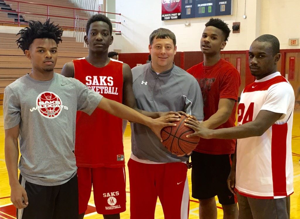 Here's the left-handers club on the Saks basketball team (from left): Landun Peters, Alfonza Ward, coach Jonathan Miller (he's left-handed, too), Jaylen Britt and Demetrius Powell. (All game photos by Kristen Stringer/Krisp Pics Photography)