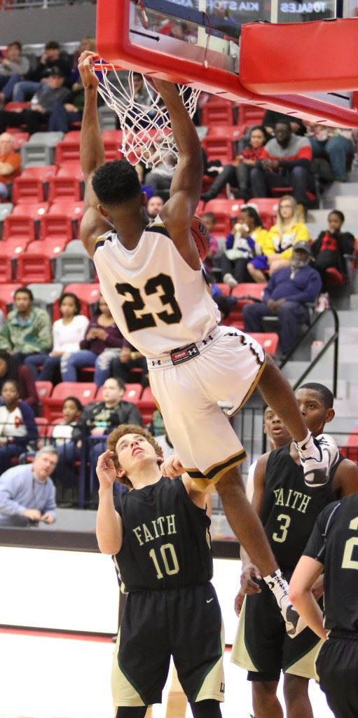 Oxford's Braden Jones (23) finishes off a monstrous dunk against Faith Christian Monday. (Photo by Kristen Stringer/Krisp Pics Photography)