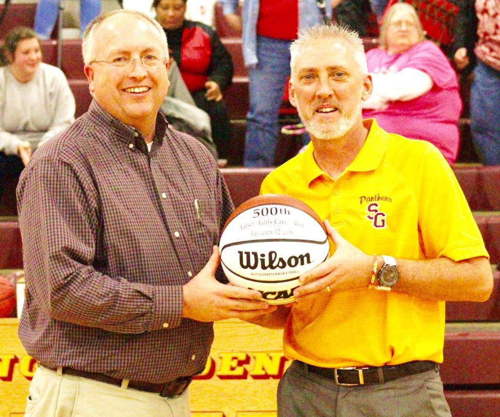 Spring Garden coach Ricky Austin (R), shown on the occasion of his 500th career victory, is the Class 1A girls coach of the year. (Photo by Shannon Fagan)