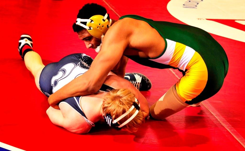 Pelham double amputee Hassan Hawthorne in action during the early rounds of the state wrestling championships. Hawthorne goes for the 6A 145 title Saturday. (Photo courtesy AHSAA)