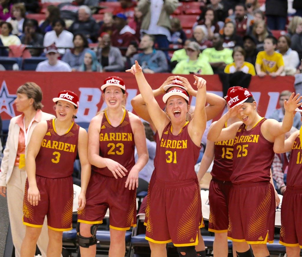 Spring Garden players (from left) A.J. Broome, Madison Sides, Payton McGinnis and Savannah Dempsey celebrate winning the state championship Thursday. (Photos by Kristen Stringer/Krisp Pics Photography)