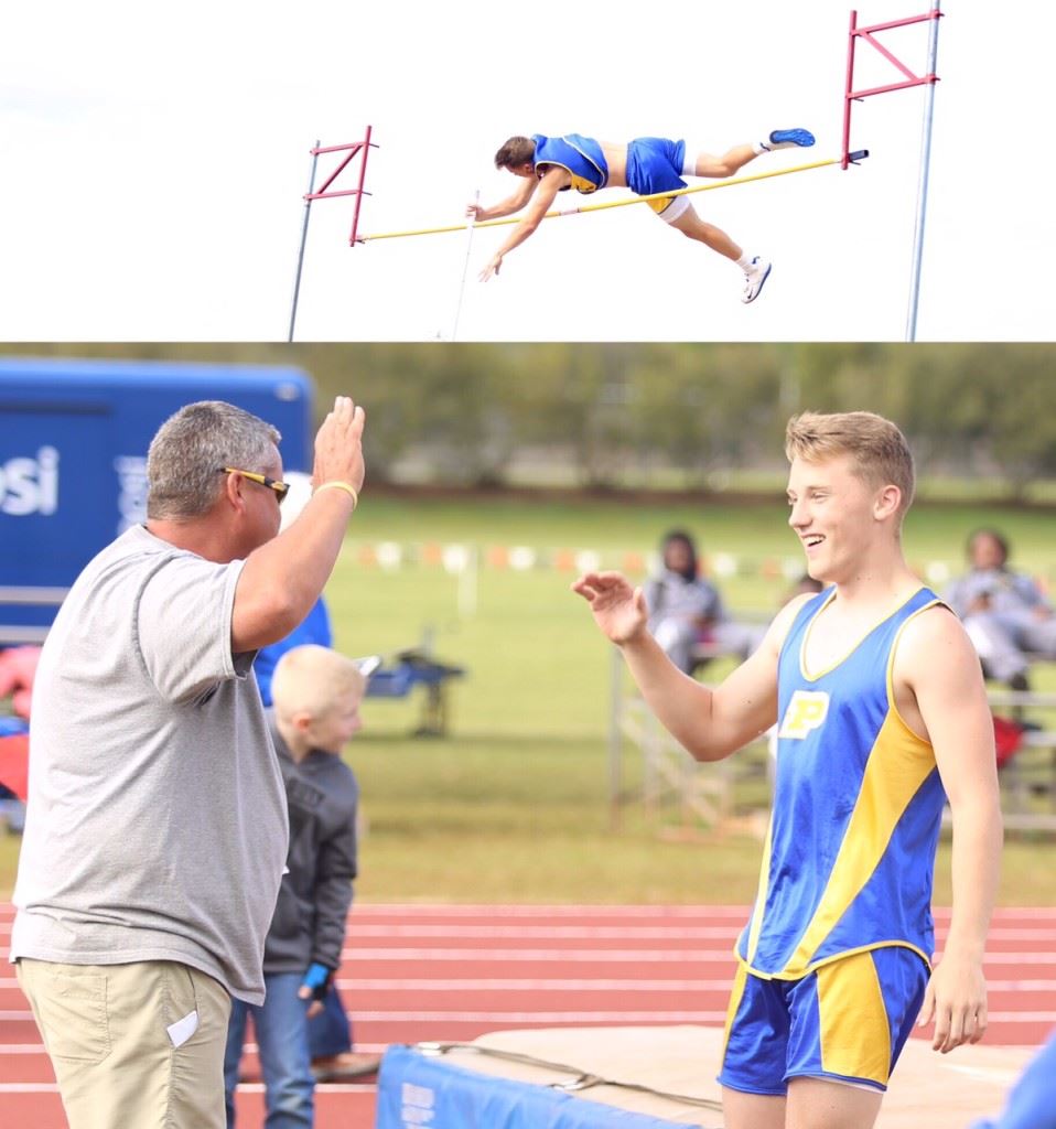 Piedmont's Wil Mitchell clear the pole vault at 12-10 (top) and then gets a hearty high-five from his dad and coach Mark Mitchell after breaking the county record. (Photos by Kristen Stringer/Krisp Pics Photography)