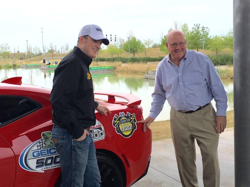 Ty Dillon (L) and Talladega Superspeedway chairman Grant Lynch stopped by Railroad Park last week on a promotional stop for the track's Geico 500 weekend April 29-May 1. 