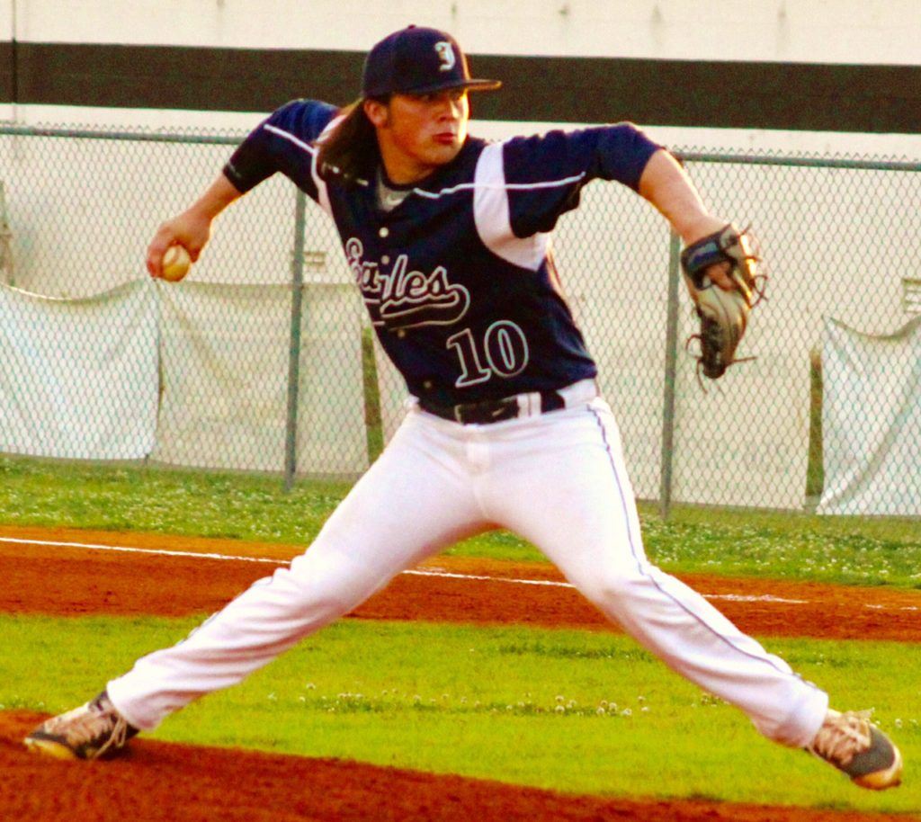 Jacksonville's Colin Casey delivers a pitch during the Golden Eagles' Class 4A playoff doubleheader at Cherokee County Friday night. (Photo by Shannon Fagan)