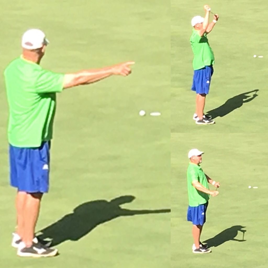 Ty Cole coaxes a putt toward the 11th hole during Sunday's final round of the Oxford City Championship, then reacts as it stops on the edge.