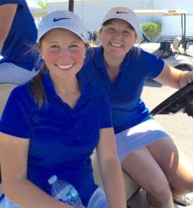 Sisters Layne (L) and Hanna Dyar are all smiles after finishing 1-2 in their Class 4A-5A girls sectional golf tournament Tuesday. (Photo by Justin Mallicoat)