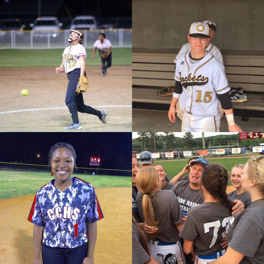 Local players on the North-South softball-baseball rosters include (clockwise from left) Oxford's Rylee Waldrep and Nate Lloyd, Pleasant Valley coach David Bryant and Cleburne County's Kiara Akles. (File photos)