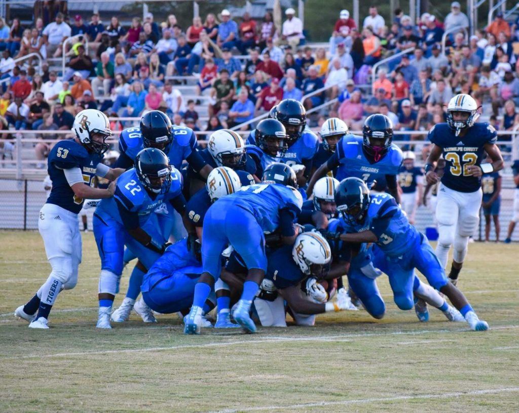 It took nine Barbour County defenders to bring down Randolph County's Trent Lane Friday night. The Tigers won 41-6. (Photo by Jeremy Wortham/Tiger Den Photography) 