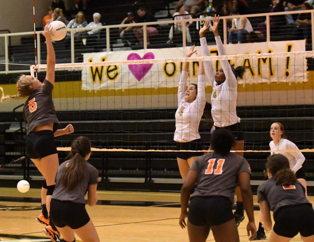 Chloe Stone (4) and Nyia Archie (8) go for the block against Alexandria's Tori Stillwell.