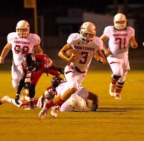Austin Tucker rushed for nearly 140 yards, ran for one touchdown and threw for another in Ohatchee's region win over Weaver. (All photos by B.J. Franklin/GungHo Photos)