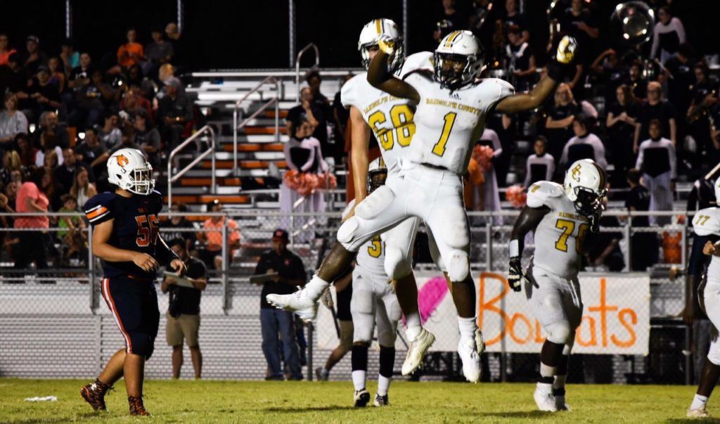 Randolph County's Trent Lane celebrates the second of his three touchdowns with teammate Charles Pinkard (68) during Friday's win over Woodland. (Photos by Jeremy Wortham/Tiger Den Photography)