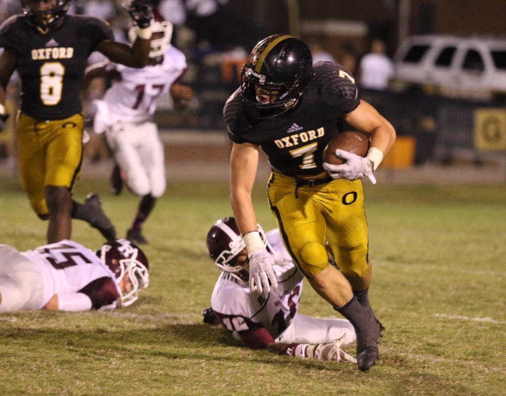 Brody Syer's interception return for a touchdown early in the third quarter was the springboard that vaulted Oxford to its victory over Benjamin Russell. (Photo by Kristen Stringer/Krisp Pics Photography)