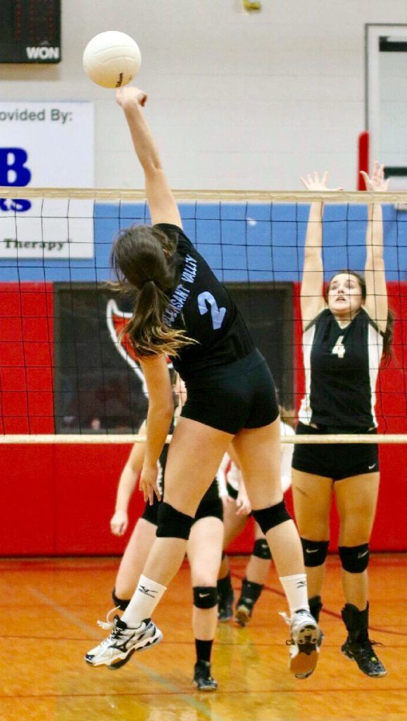 Pleasant Valley's Alisa St. John reached back for all she has to send a shot back across the net. On the cover, Oxford's Rachel Uhrin makes a play at the net. 