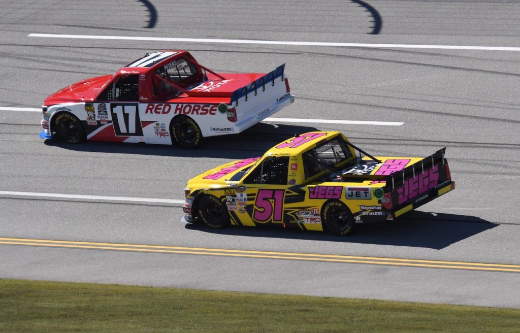 Timothy Peters (17) finished third and was one of the six drivers advancing to the next round of the Truck Series championship chase. Cody Coughlin (51) finished 31st.