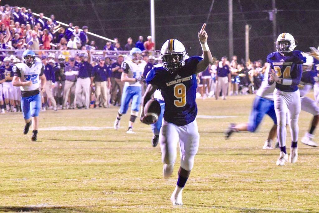 Randolph County's Dontavous Davenport sprints to the end with a pick-six in the Tigers' win over Pleasant Valley. With 9:11 left in the first half, Randolph County led 20-14 and shutout the Raiders the rest of the way. (Photo by Jeremy Wortham/Tiger Den Photography)