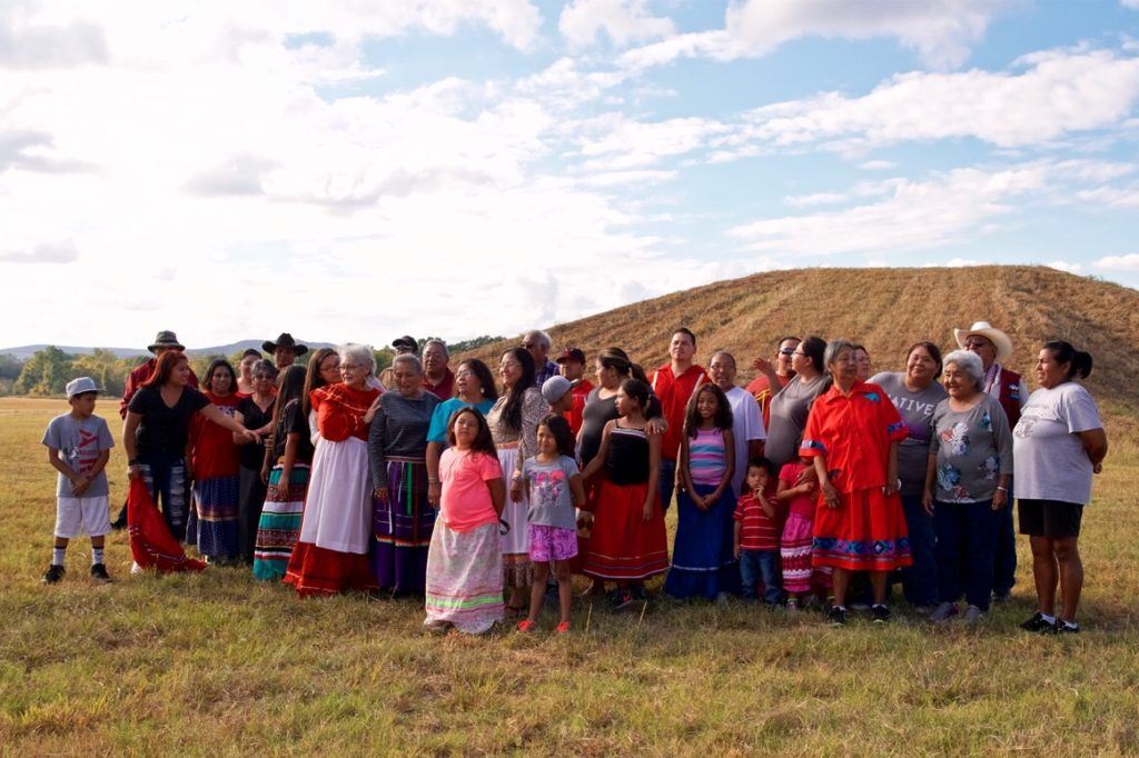 A group from the Muscogee (Creek) Nation gather at the Pyramid Mount at Choccolocco Park. They came all the way from Oklahoma to witness the grand opening of the 366-acre recreation facility on ancestral land. (Photo by B.J. Franklin/GungHo Photos)