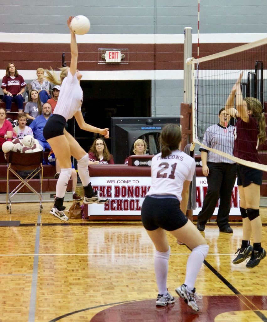 Madison Gaines gets way up to deliver a big hit that was her 1,000th career kill in Donoho's area championship match against Sacred Heart. On the cover, the Lady Falcons celebrate after the winning point falls. (All photos by B.J. Franklin/GungHo Photos)