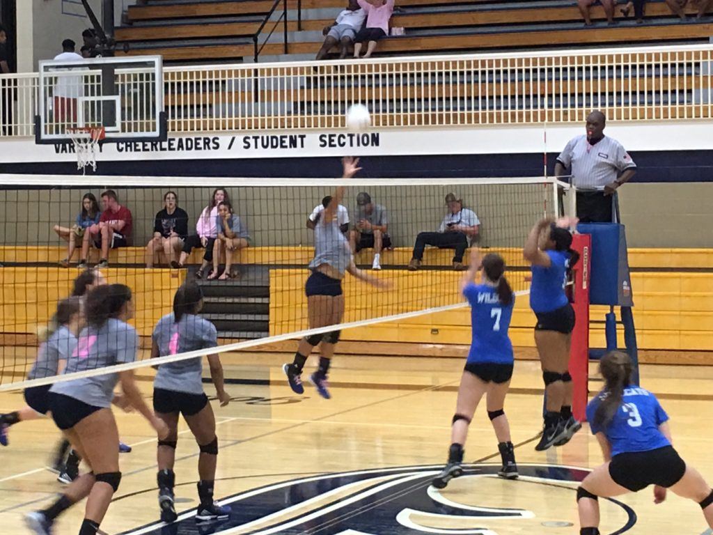 Aniyah Robinson gets airborne to play a shot in Jacksonville's area tournament title match against White Plains. On the cover, the Lady Golden Eagles celebrate a championship.