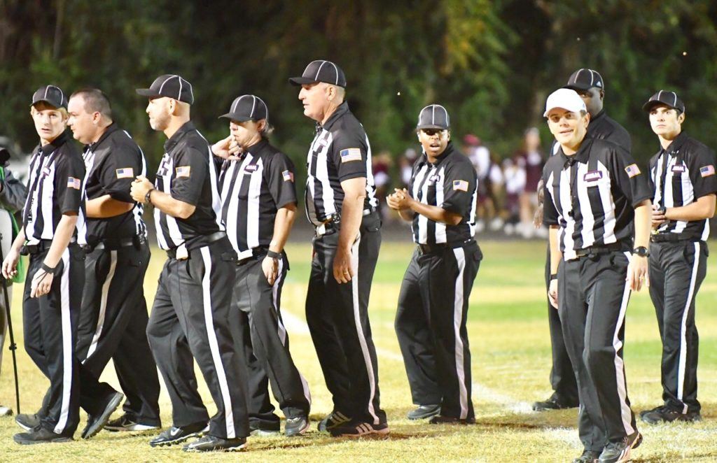 The officials get ready for the Wadley-Donoho game at Lentz Field. (Scoreboard, officials photos by B.J. Franklin/GungHo Photos)