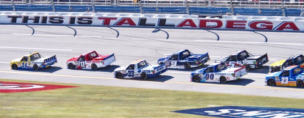 Grant Enfinger (24) rides comfortably out front on his way to winning the Fred's 250 at Talladega Superspeedway. (All photos by B.J. Franklin/GungHo Photos)